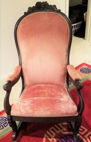 Antique Victorian Parlor Room Rocking Chair Reupholstered Mahogany