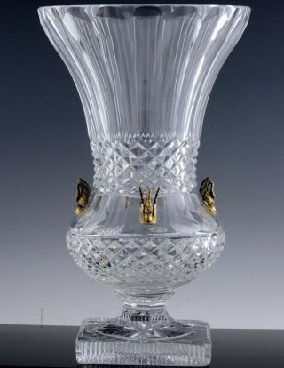 Large Russian Deeply Cut Crystal Vase W Sterling Silver Swan Figures