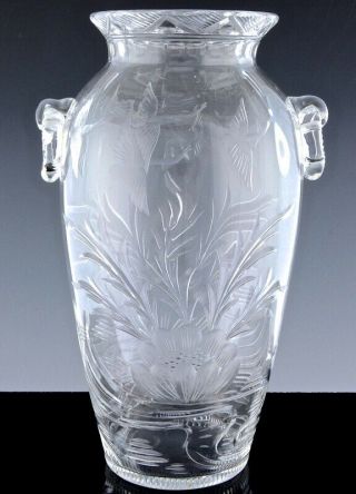 INCREDIBLE c1900 ART NOUVEAU POND LILY GEESE LANDSCAPE CUT GLASS VASE HAWKES 3