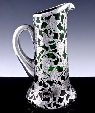 Rare Large Alvin.  999 Sterling Silver Overlay Green Glass Wine Pitcher Jug Vase