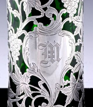 RARE LARGE ALVIN.  999 STERLING SILVER OVERLAY GREEN GLASS WINE PITCHER JUG VASE 5