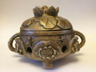 Antique Chinese Bronze With Lid Incense Burner Signed