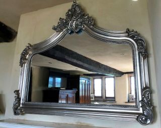 Antique Silver French Vintage Period Over mantle Scroll Top Arched Wall Mirror 2