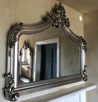 Antique Silver French Vintage Period Over mantle Scroll Top Arched Wall Mirror 3