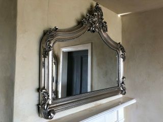 Antique Silver French Vintage Period Over mantle Scroll Top Arched Wall Mirror 4