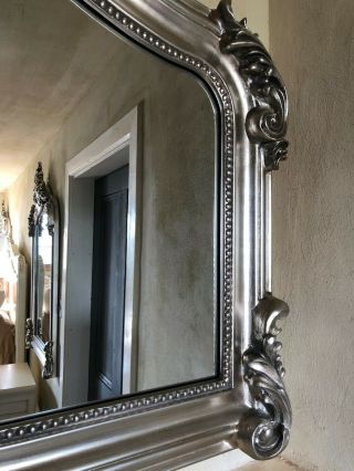 Antique Silver French Vintage Period Over mantle Scroll Top Arched Wall Mirror 6