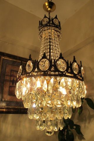 Antique Vintage French Basket Style Crystal Chandelier Lamp Light 1960 