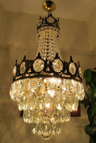 Antique Vintage French Basket Style Crystal Chandelier Lamp Light 1960 ' s.  13 in. 2