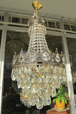 Antique Vintage French Basket Style Crystal Chandelier Lamp Light 1960 ' s.  13 in. 3