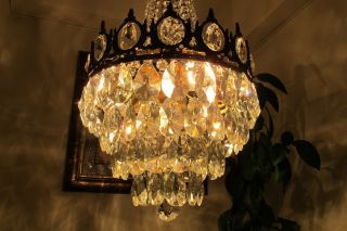 Antique Vintage French Basket Style Crystal Chandelier Lamp Light 1960 ' s.  13 in. 4