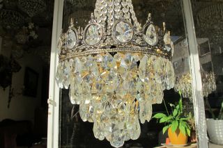 Antique Vintage French Basket Style Crystal Chandelier Lamp Light 1960 ' s.  13 in. 7