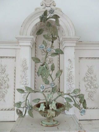 Fabulous Old Vintage Italian Tole Pot Urn Branches Of Flowers Centerpiece 32 "