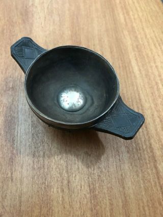 Antique Scottish Quaich.  Silver Mounted And Wood Inscribed.