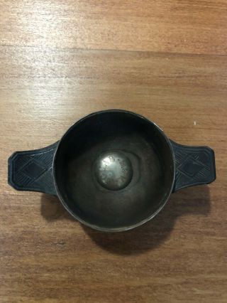 Antique Scottish Quaich.  Silver mounted and wood inscribed. 5