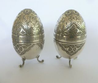 Quality Pair Persian Silver Signed Salt & Pepperette /desk Pounce Pots C1960 