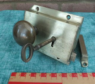 Antique Victorian Brass Door Rim Lock,  Handles,  Key & Keep