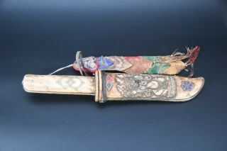 Old Mahakala Carved Antique Fighting Knife Tibetan Handmade Sword Vintage Nepal