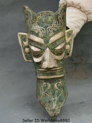 12 " Rare Antique China Bronze Silver Ware Dynasty Sanxingdui People Head Statue