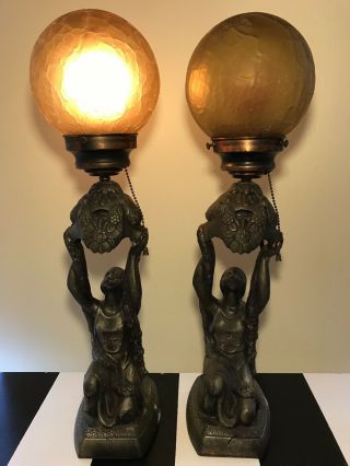Pair Antique C1920s Art Deco Nouveau Bronze Lamps Woman Girl Holding Amber Globe
