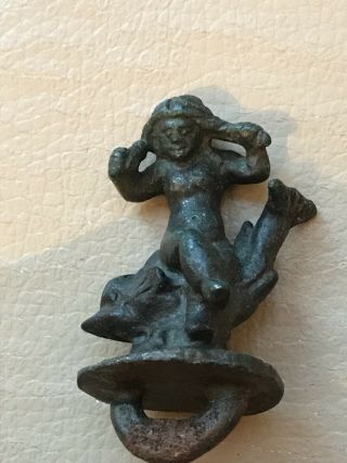 Rare Roman Bronze Fitting With Goddess Venus On A Dolphin.  Fixing Ring Below