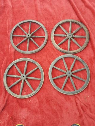 4 Matching Antique 8 Spoke Wood Wagon Or Cart Rubber Tipped 13 " Wheels - Vintage