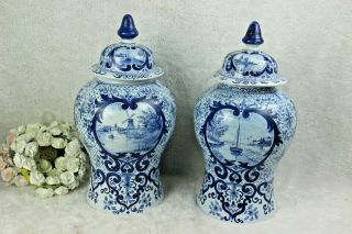 Pair Dutch Blue White Delft Pottery Vases Mill Water Landscape Marked