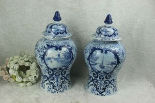 PAIR Dutch BLUE WHITE DELFT Pottery vases mill water landscape marked 2