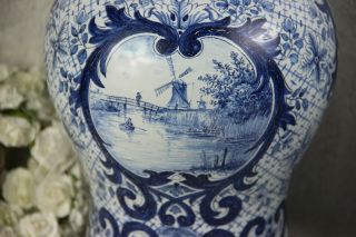 PAIR Dutch BLUE WHITE DELFT Pottery vases mill water landscape marked 4