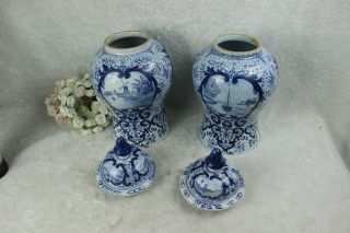 PAIR Dutch BLUE WHITE DELFT Pottery vases mill water landscape marked 5