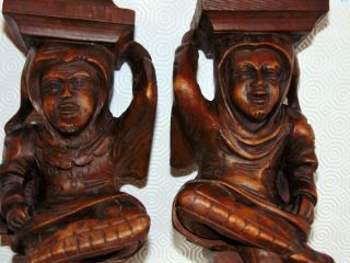 Victorian Pair Antique French Wood Hand Carved Sculpture Console Rare Jesters