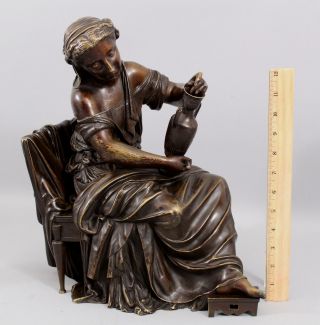19thc Antique H.  Moreau French Bronze Sculpture Classical Woman W/ Pottery