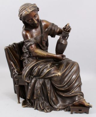 19thC Antique H.  MOREAU French Bronze Sculpture Classical Woman w/ Pottery 2