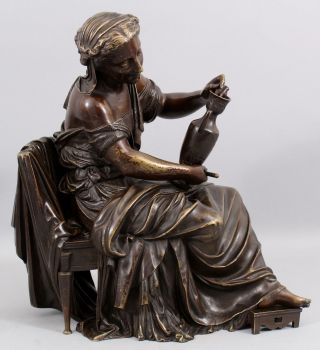 19thC Antique H.  MOREAU French Bronze Sculpture Classical Woman w/ Pottery 3
