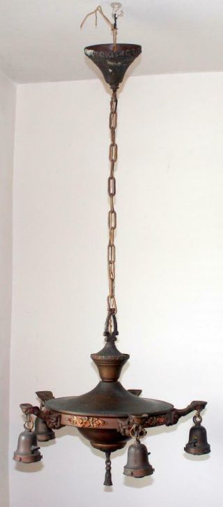 Antique Art Nouveau Metal Chandelier 5 Bulb Ceiling Fixture