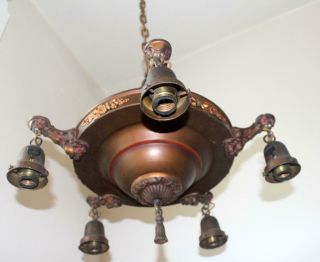 Antique Art Nouveau Metal Chandelier 5 Bulb Ceiling Fixture 2