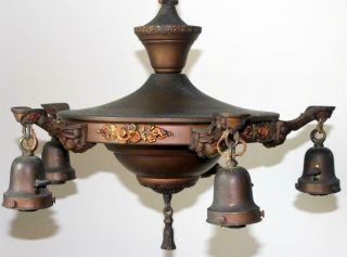 Antique Art Nouveau Metal Chandelier 5 Bulb Ceiling Fixture 3