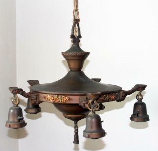 Antique Art Nouveau Metal Chandelier 5 Bulb Ceiling Fixture 4