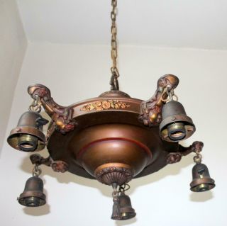 Antique Art Nouveau Metal Chandelier 5 Bulb Ceiling Fixture 6