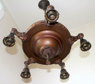 Antique Art Nouveau Metal Chandelier 5 Bulb Ceiling Fixture 7