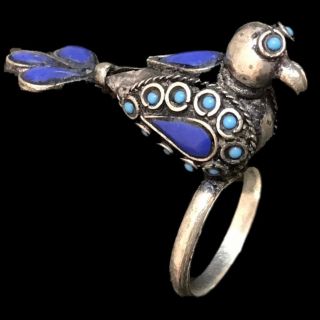 Ancient Silver Decorative Gandhara Bedouin Bird Ring With Mixed Stone 300 B.  C