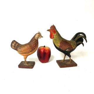 Folk Art Carved Wooden Polychromed Chicken & Rooster