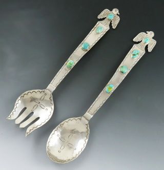Antique Native American Indian Sterling Silver Turquoise Serving Fork Spoon Set