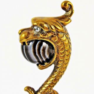 ANTIQUE VICTORIAN SERPENT GRIFFIN w/ AGATE ORB PEARL EYES FIGURAL BRASS WAX SEAL 5