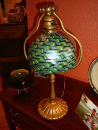 SMALL TIFFANY BELL SHAPE TABLE LAMP,  BASE SIGNED & NUMBERED 4