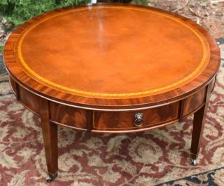 1910s Antique English Regency Mahogany Leather Top Coffee Table / Center Table