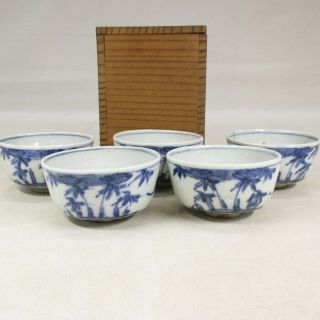 H016: Chinese Old Blue - And - White Porcelain 5 Tea Cups For Green Tea Sencha W/box