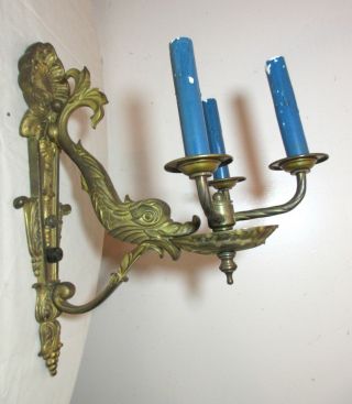 Large Antique Ornate Figural Dolphin Dore Bronze Electric Wall Sconce Brass