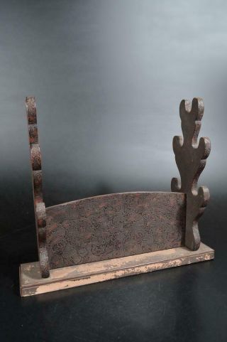 T1572: Japanese Wooden Flower Sculpture Sword Rack Stand Holder Samurai Armor