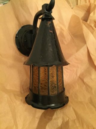 Vintage Arts & Crafts Wrought Iron And Slag Glass Exterior Lantern Wall Sconce