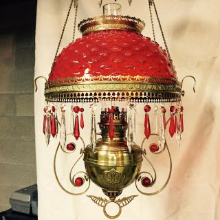 Bradley & Hubbard (b&h) Victorian Hanging Lamp; Cherry Red " Hobnail " Shade